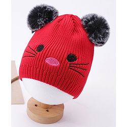 Babyhug Pom Pom Woollen Cap Animal Design Large Size - Red