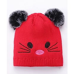Babyhug Pom Pom Woollen Cap Animal Design Large Size - Red