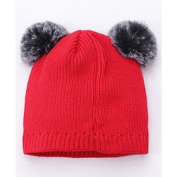 Babyhug Pom Pom Woollen Cap Animal Design Large Size - Red
