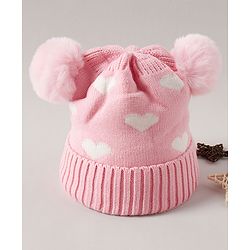 Babyhug Pom Pom Woollen Cap Heart Design Medium Size - Pink
