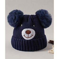 Babyhug Pom Pom Ears Woollen Cap Bear Face Design - Navy Blue