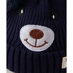 Babyhug Pom Pom Ears Woollen Cap Bear Face Design - Navy Blue