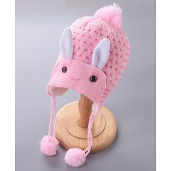 Babyhug Woollen Cap With  Bunny Design & Pompom - Pink