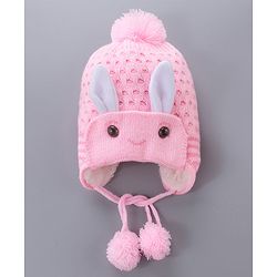 Babyhug Woollen Cap With  Bunny Design & Pompom - Pink