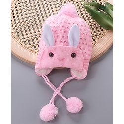 Babyhug Woollen Cap With  Bunny Design & Pompom - Pink