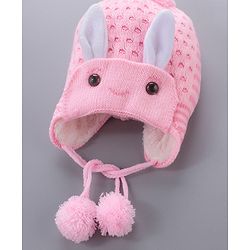 Babyhug Woollen Cap With  Bunny Design & Pompom - Pink