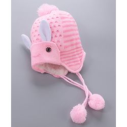 Babyhug Woollen Cap With  Bunny Design & Pompom - Pink