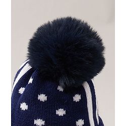 Babyhug Pom Pom Woollen Polka Dotted Cap with Knot Small Size - Navy Blue