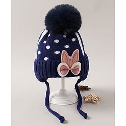 Babyhug Pom Pom Woollen Polka Dotted Cap with Knot Small Size - Navy Blue