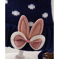 Babyhug Pom Pom Woollen Polka Dotted Cap with Knot Small Size - Navy Blue