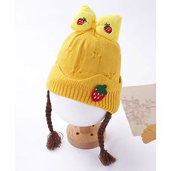 Babyhug Bow Woollen Cap Strawberry Applique Medium Size - Yellow