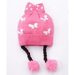 Babyhug Bow Woollen Cap Butterfly Design Medium Size - Pink