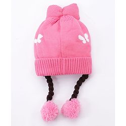 Babyhug Bow Woollen Cap Butterfly Design Medium Size - Pink