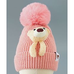 Babyhug Woollen Cap With Bear Design - Pink