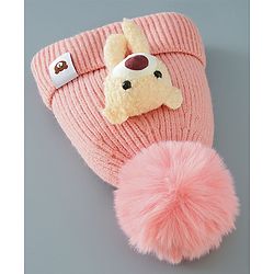 Babyhug Woollen Cap With Bear Design - Pink