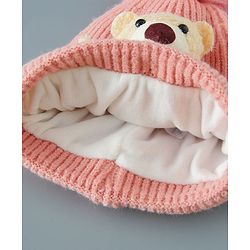 Babyhug Woollen Cap With Bear Design - Pink