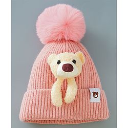 Babyhug Woollen Cap With Bear Design - Pink
