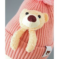 Babyhug Woollen Cap With Bear Design - Pink