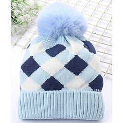Babyhug Pom Pom Woollen Checked Cap Small Size - Blue