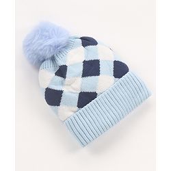 Babyhug Pom Pom Woollen Checked Cap Medium Size - Blue