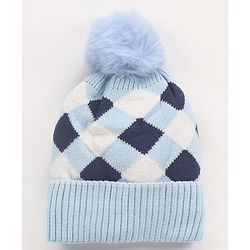 Babyhug Pom Pom Woollen Checked Cap Medium Size - Blue