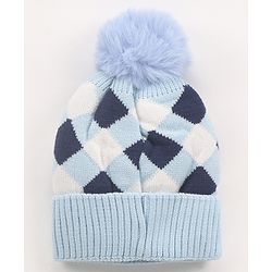 Babyhug Pom Pom Woollen Checked Cap Medium Size - Blue