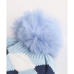 Babyhug Pom Pom Woollen Checked Cap Medium Size - Blue