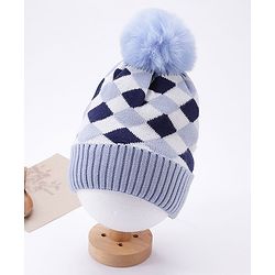 Babyhug Pom Pom Woollen Checked Cap Large Size - Blue