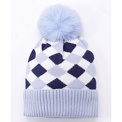 Babyhug Pom Pom Woollen Checked Cap Large Size - Blue