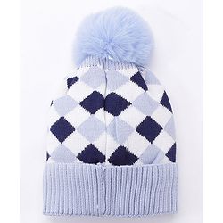 Babyhug Pom Pom Woollen Checked Cap Large Size - Blue