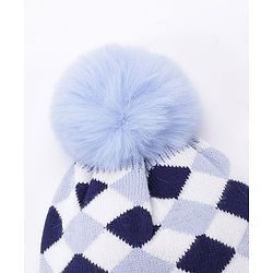 Babyhug Pom Pom Woollen Checked Cap Large Size - Blue