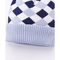 Babyhug Pom Pom Woollen Checked Cap Large Size - Blue