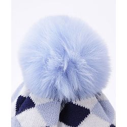 Babyhug Pom Pom Woollen Checked Cap Large Size - Blue
