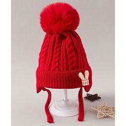 Babyhug Woollen Cap With Pompom Design Red - Diameter 10 cm