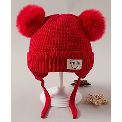 Babyhug Pom Pom Woollen Cap  Smile Design Large Size - Red