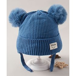 Babyhug Pom Pom Woollen Cap  Smile Design Large Size - Blue