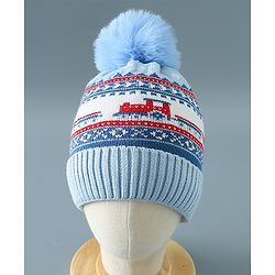 Babyhug Pom Pom Woollen Cap Train Design Large Size - Blue