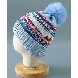 Babyhug Pom Pom Woollen Cap Train Design Large Size - Blue