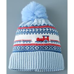Babyhug Pom Pom Woollen Cap Train Design Large Size - Blue