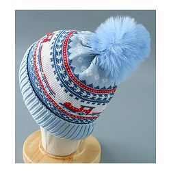 Babyhug Pom Pom Woollen Cap Train Design Large Size - Blue