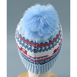 Babyhug Pom Pom Woollen Cap Train Design Large Size - Blue