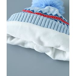 Babyhug Pom Pom Woollen Cap Train Design Large Size - Blue