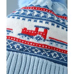 Babyhug Pom Pom Woollen Cap Train Design Large Size - Blue
