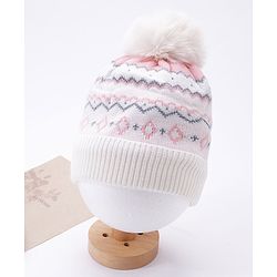 Babyhug Pom Pom Woollen Cap Chevron Design Medium Size - White