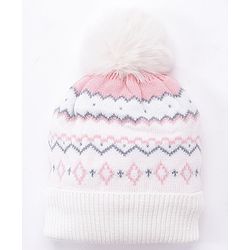 Babyhug Pom Pom Woollen Cap Chevron Design Medium Size - White