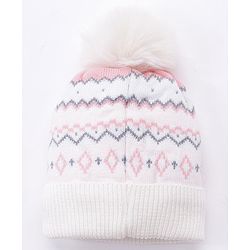 Babyhug Pom Pom Woollen Cap Chevron Design Medium Size - White