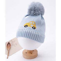 Babyhug Pom Pom Woollen Cap Car Design Medium Size - Blue
