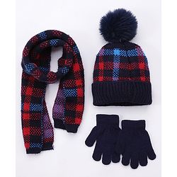 Babyhug Pom Pom Woollen Checked Cap Gloves and Muffler Set Small Size - Blue