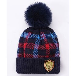 Babyhug Pom Pom Woollen Checked Cap Gloves and Muffler Set Small Size - Blue