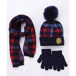Babyhug Pom Pom Woollen Checked Cap Gloves and Muffler Set Small Size - Blue
